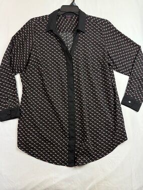 Simply Be Black Button-Front Blouse with Horse with Red Pattern.